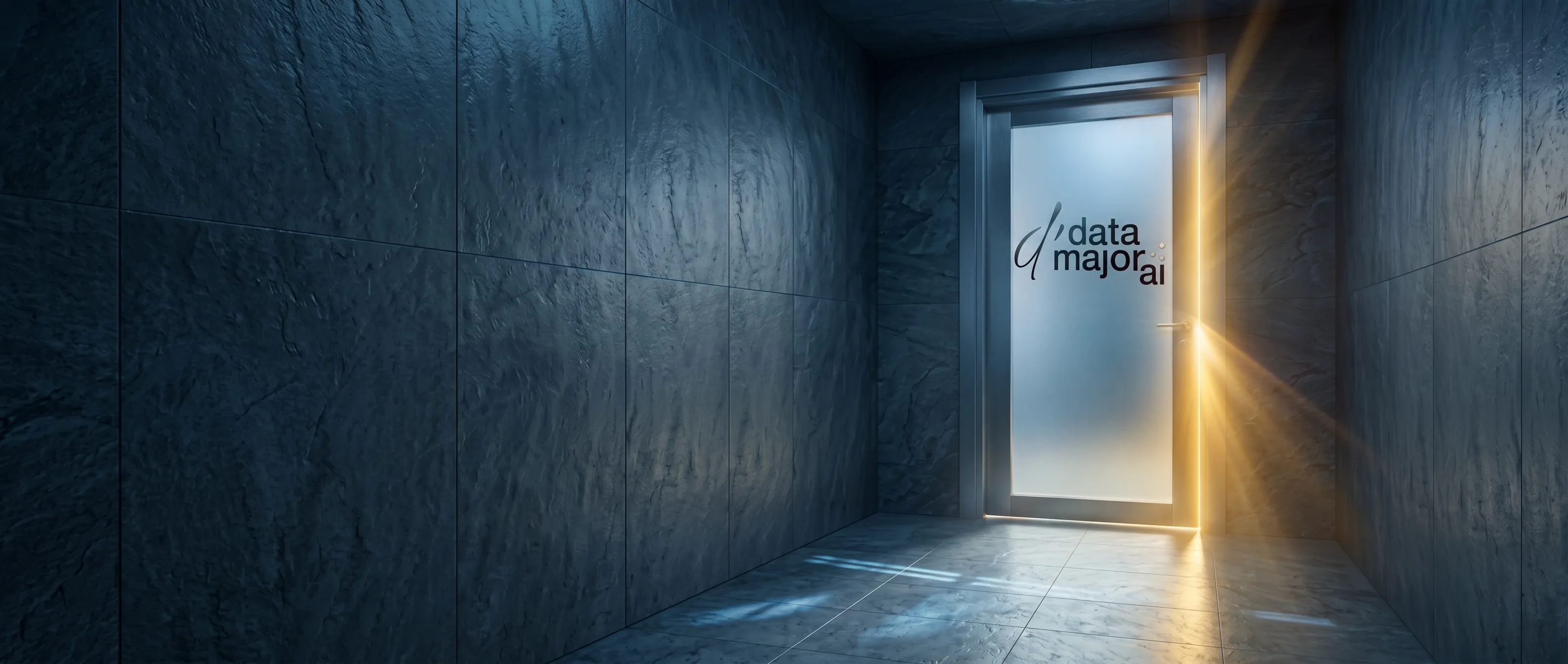 Le logo data-major ai sculpté en volume dans un béton gris-bleu, posé sur un sol poli qui le reflète, dans un décor sombre ; un cristal doré est fiché dans la boucle du « d » et deux éclats dorés brillent à droite du mot. La moitié gauche du cadre est une ombre plate.