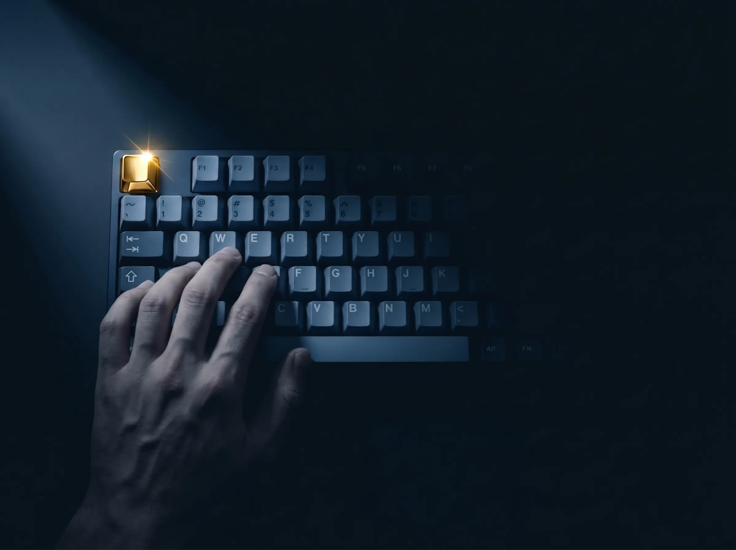 Vue de dessus d’une main posée sur un clavier mécanique sombre, la touche Échap étant violette.