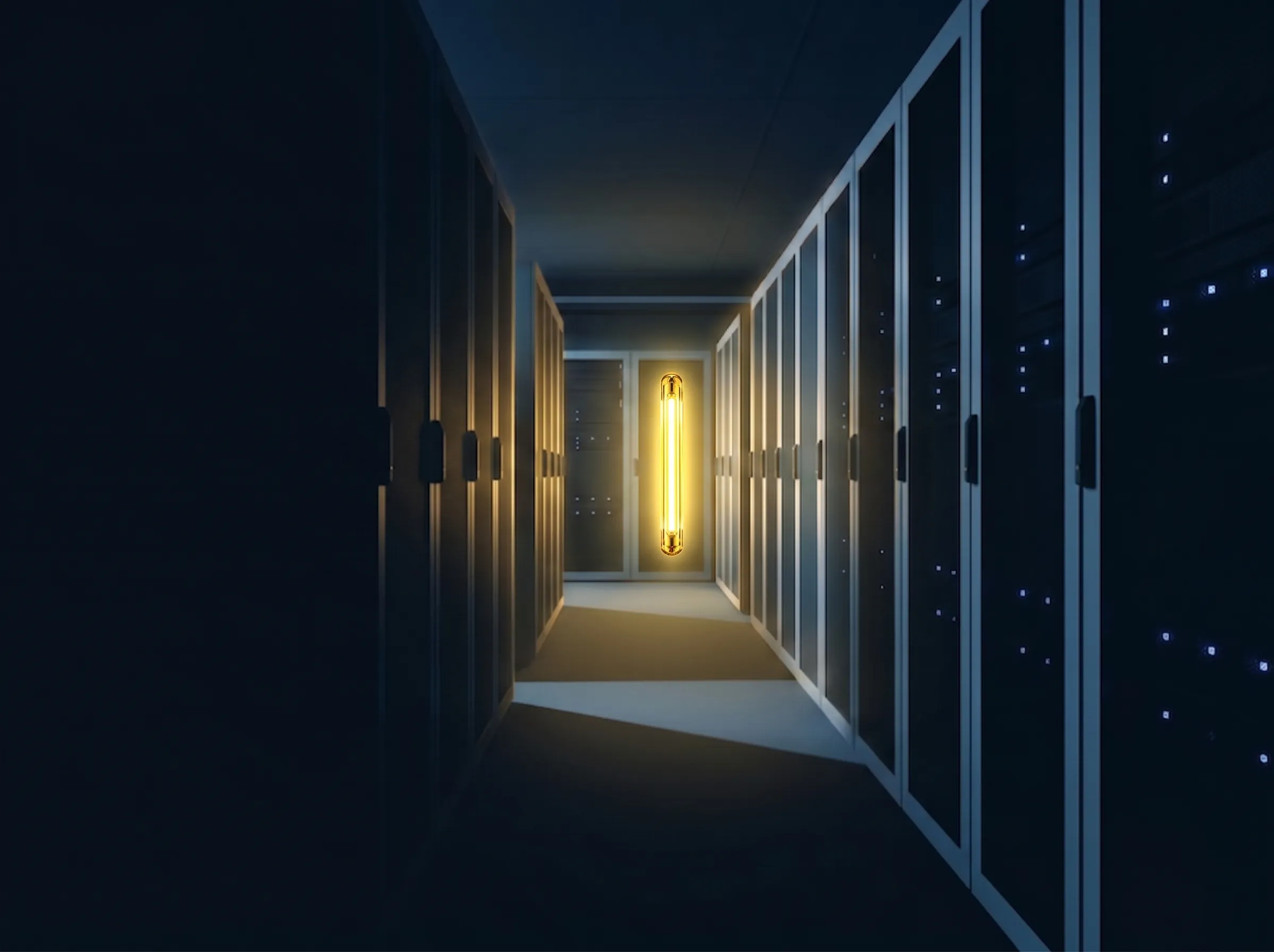 Allée de salle serveurs dans la pénombre, baies vitrées alignées en perspective et voyants bleus, une barre de lumière dorée au fond. Le tiers gauche du cadre est une ombre plate.